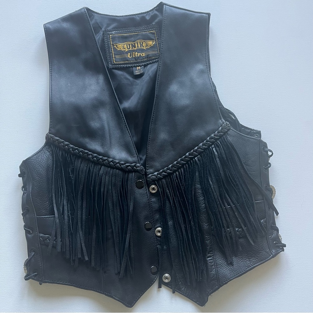 Unik Black Leather Fringe Vest size Medium